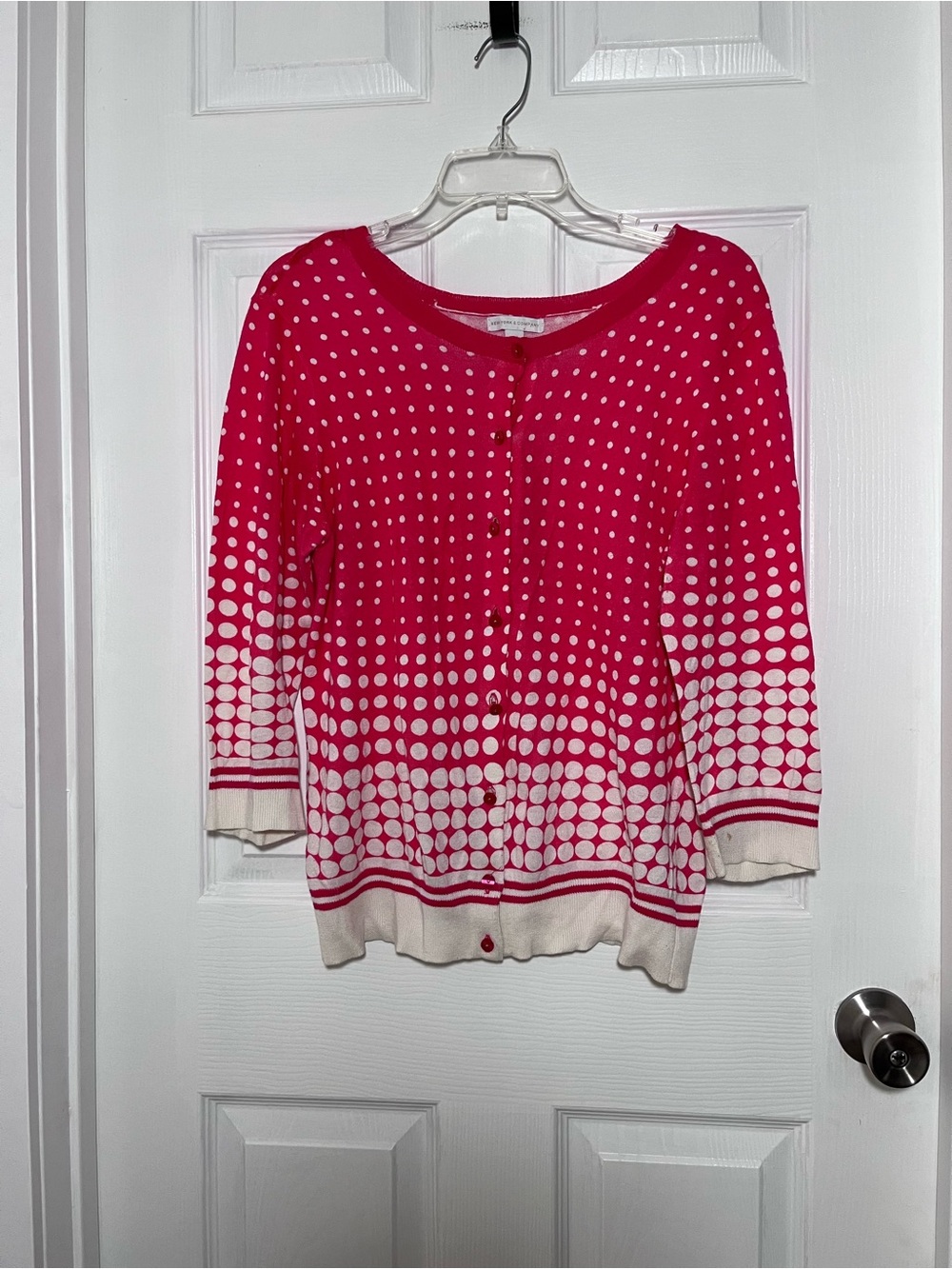 New York & Company 100% Cotton Hot Pink Polka Dot Cardigan with Cream Dots